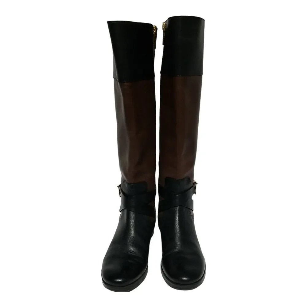 MICHAEL KORS Tall Fulton Black Brown Leather Harness Knee High Boots Women 5.5 M